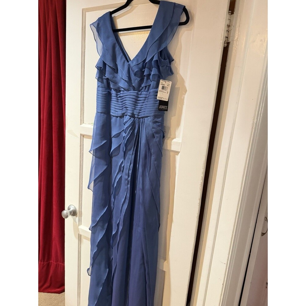 Adrianna Papell Blue Chiffon Sleeveless Tiered Ruffle FormalDress
